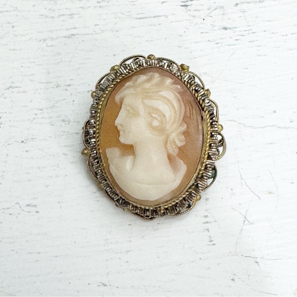 Gold Filled Carved Shell Cameo Ornately Wired Left Facing Brooch Pendant Vintage